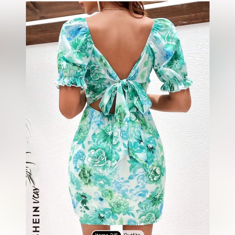 SHEIN/ Vacay Floral Print Tie Backless Puff Sleeve Dress